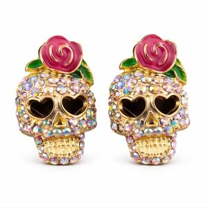 💀✨ Y2K Crystal Skull Stud Earrings – Pink Rose
